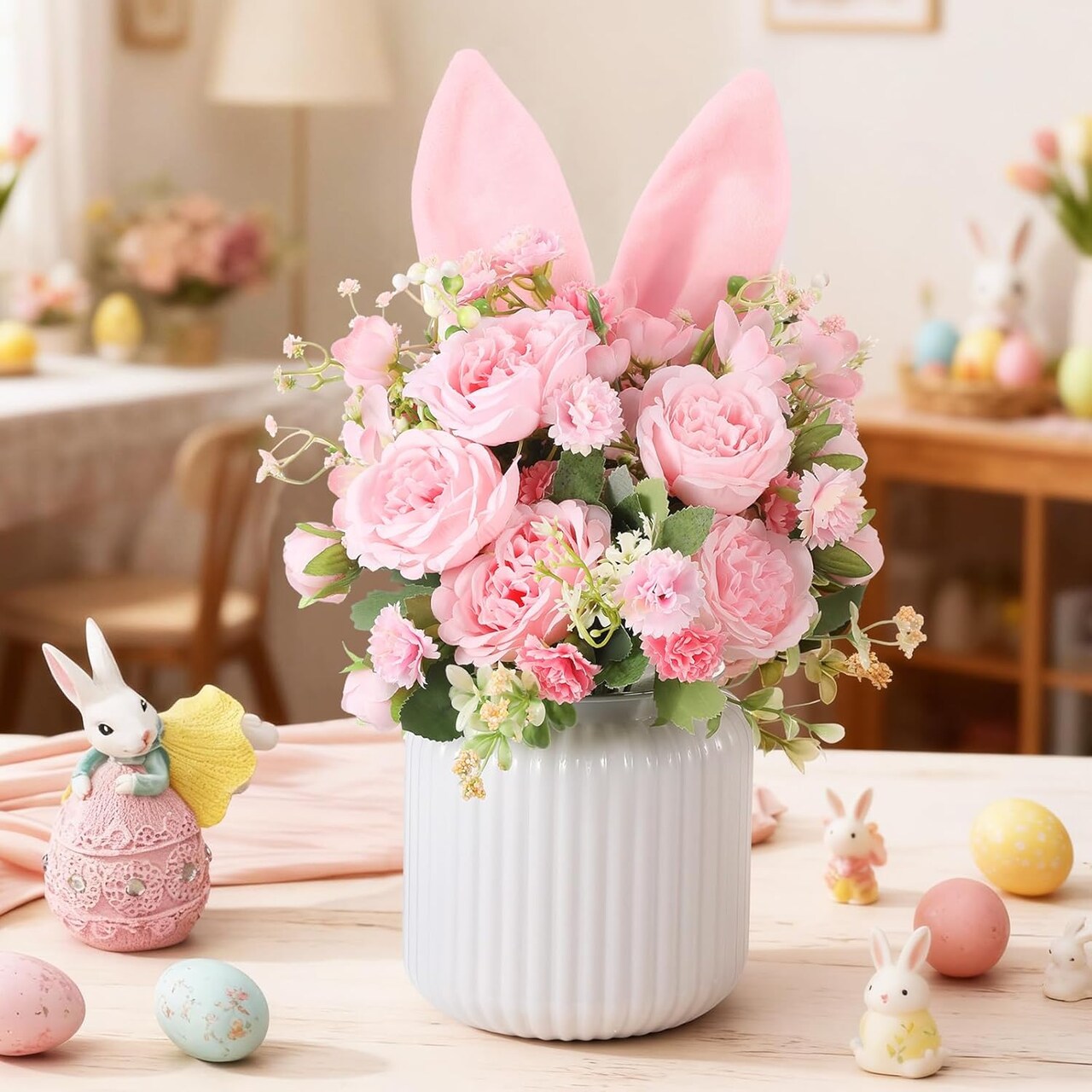 Spring Easter Table Centerpiece – Artificial Flower Bunny Ear with Vase, 13.8 x 5.1 Inches, Pink Plush Rabbit Decor for Dining Room, Home & Office